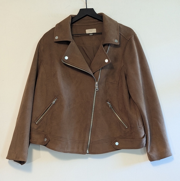 LOFT Brown Faux Leather Suede Texture Moto Jacket Coat 14 Plus Excel Used Cond - Picture 1 of 5